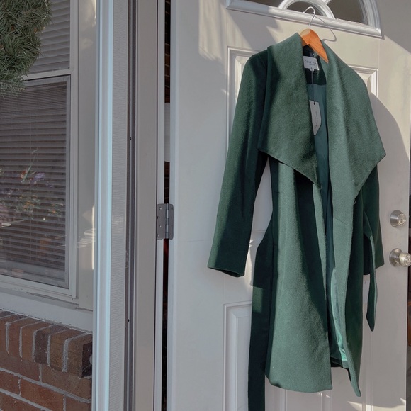 Dark Green (Forest) Cole Haan Collar Wrap Coat w/ Belt - Picture 3 of 10